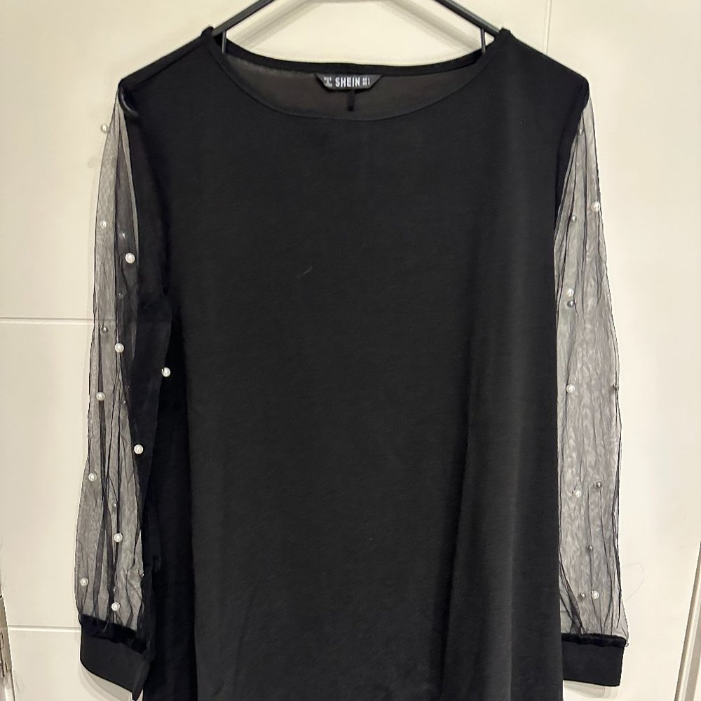 Sheer Beaded Sleeve Black Midi Dress